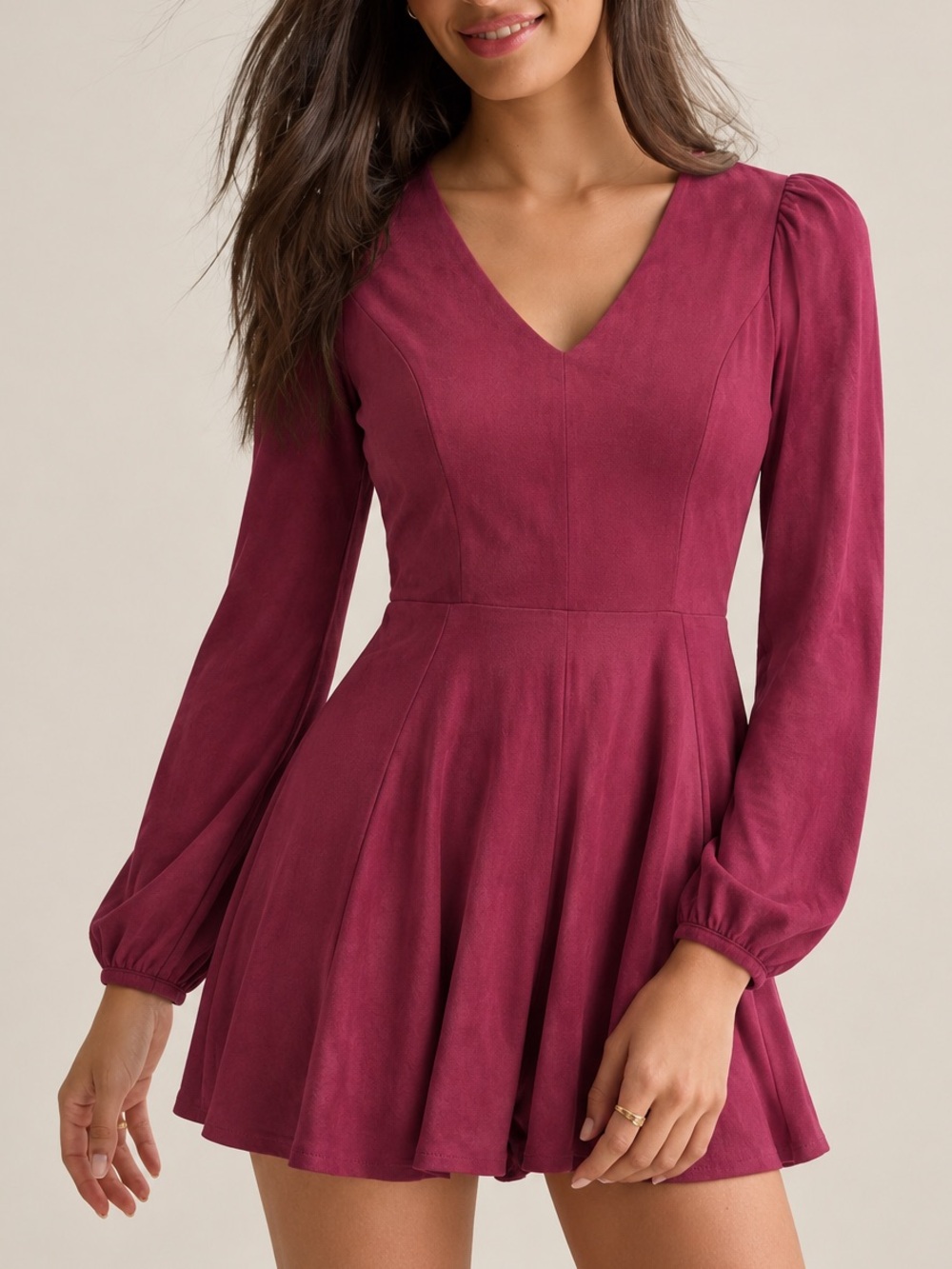 Altar’d State Wine Maroon Burgundy Faux Suede Long Sleeve Tie Back Romper Fall M